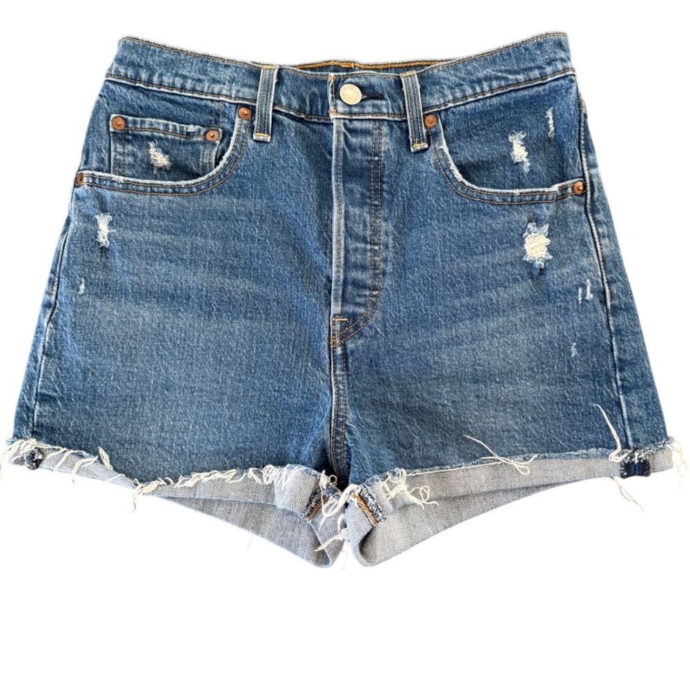 Levi's Ribcage Shorts Women's Size‎ 28 Blue Denim Distressed High Rise Cut Off